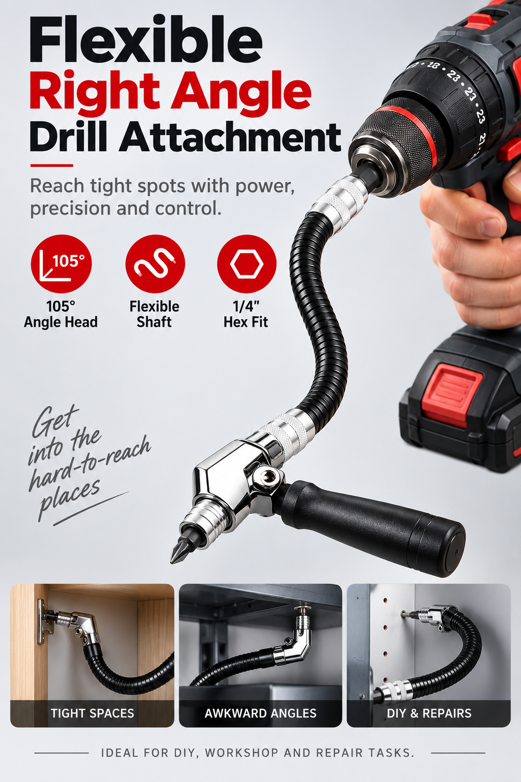 105° Flexible Right Angle Drill Attachment with Side Handle, Angle Screwdriver Adapter for Cordless Drill, DIY, Auto & Cabinet Repair