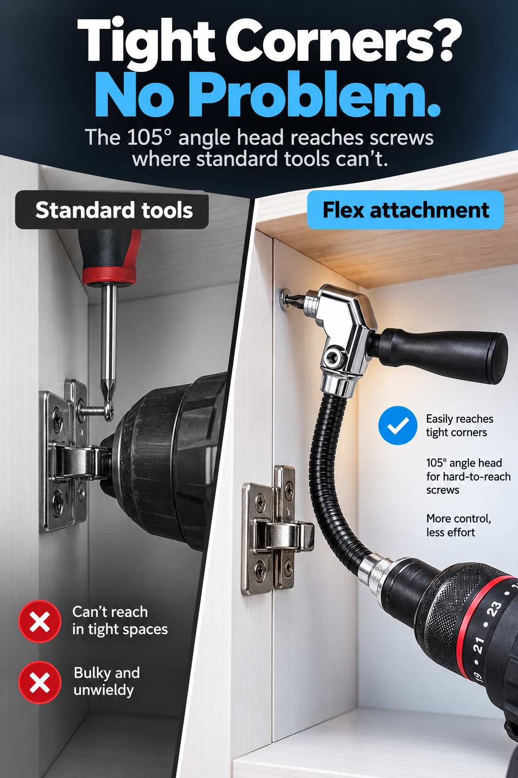 105° Flexible Right Angle Drill Attachment with Side Handle, Angle Screwdriver Adapter for Cordless Drill, DIY, Auto & Cabinet Repair