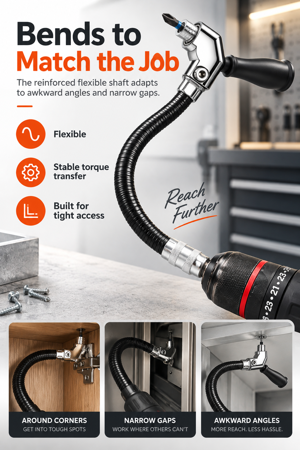 105° Flexible Right Angle Drill Attachment with Side Handle, Angle Screwdriver Adapter for Cordless Drill, DIY, Auto & Cabinet Repair