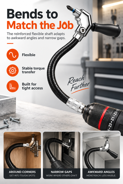 105° Flexible Right Angle Drill Attachment with Side Handle, Angle Screwdriver Adapter for Cordless Drill, DIY, Auto & Cabinet Repair