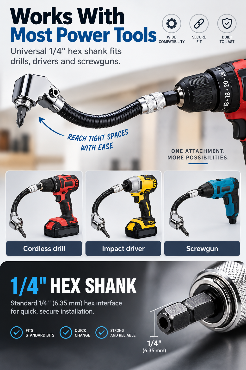 105° Flexible Right Angle Drill Attachment with Side Handle, Angle Screwdriver Adapter for Cordless Drill, DIY, Auto & Cabinet Repair
