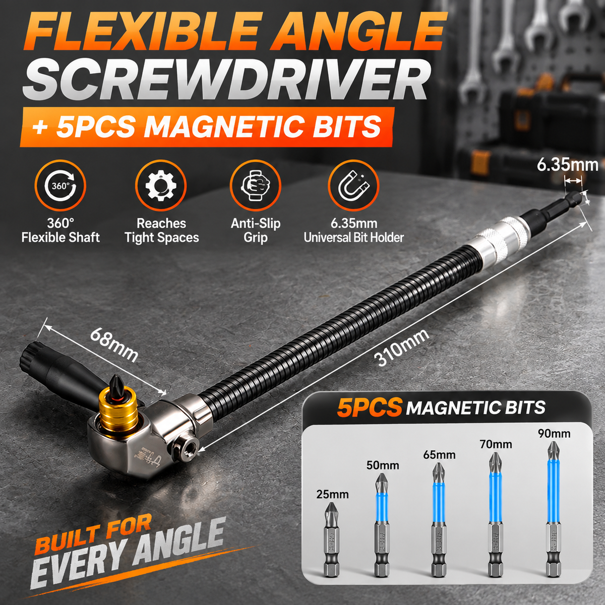 105° Flexible Right Angle Drill Attachment with Side Handle, Angle Screwdriver Adapter for Cordless Drill, DIY, Auto & Cabinet Repair